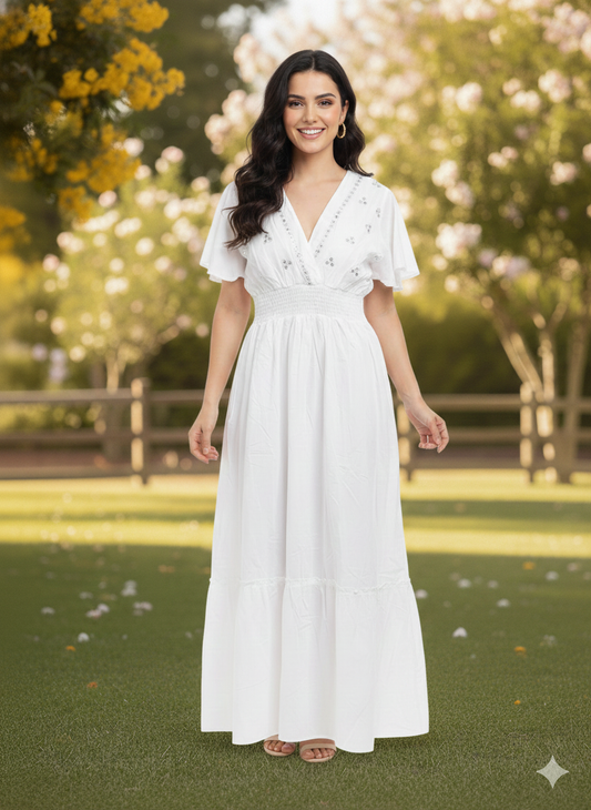 VESTIDO HINDU BLANCO-LENTEJUELA CON FORRO -TALLA UNICA